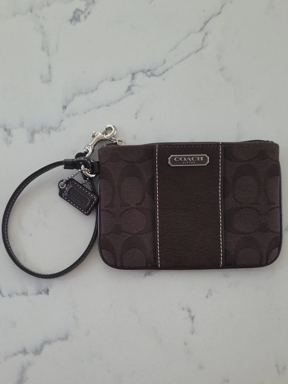 COACH Brown Signature Canvas Wristlet Card Case with Leather Trim